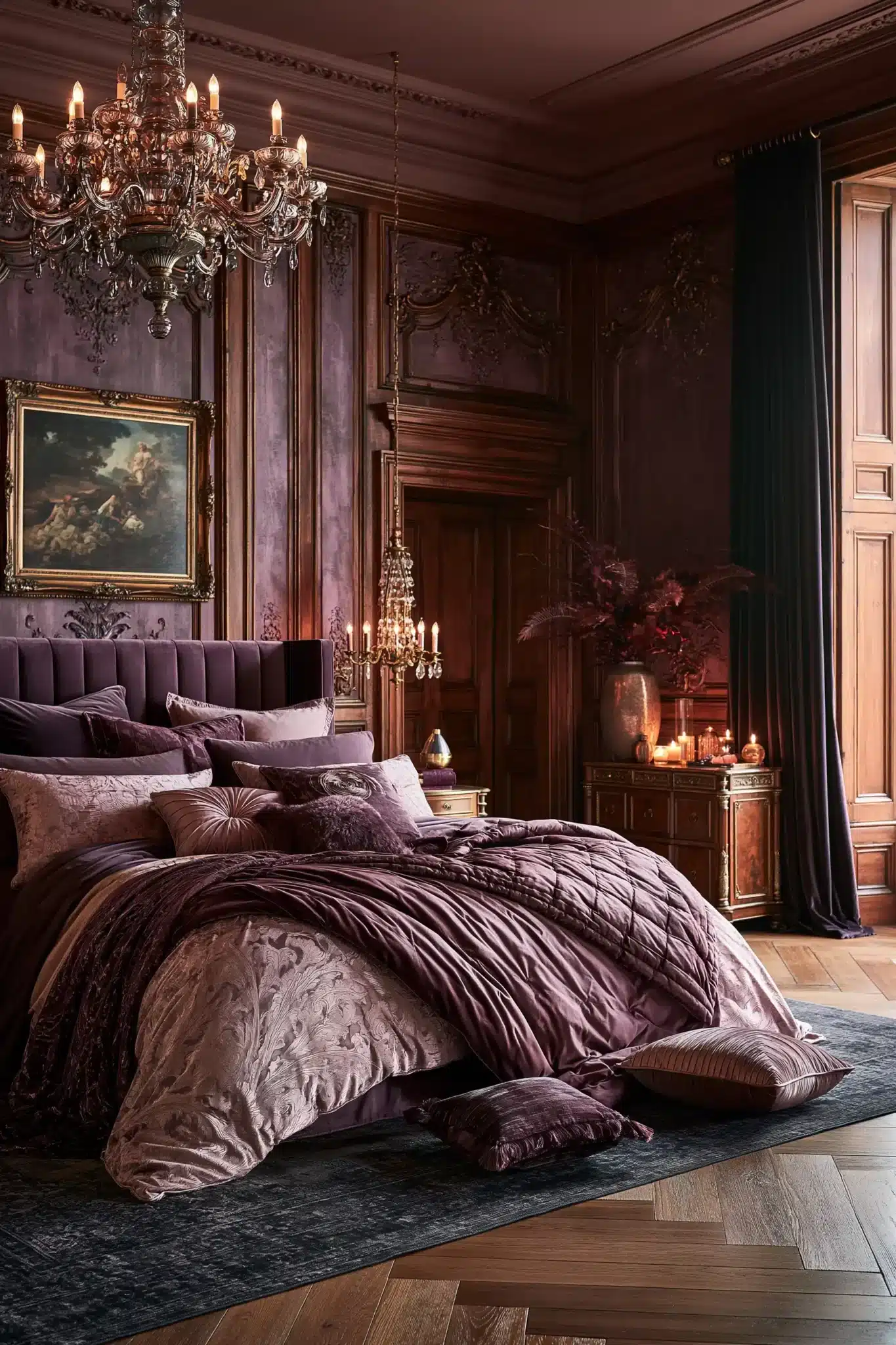 Soft purple gothic bedroom with antique-inspired furniture, layered drapes, and elegant lighting.