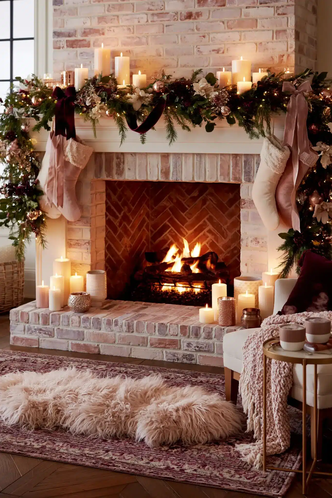 A romantic Christmas fireplace with candles, velvet ribbon, and soft holiday lighting.