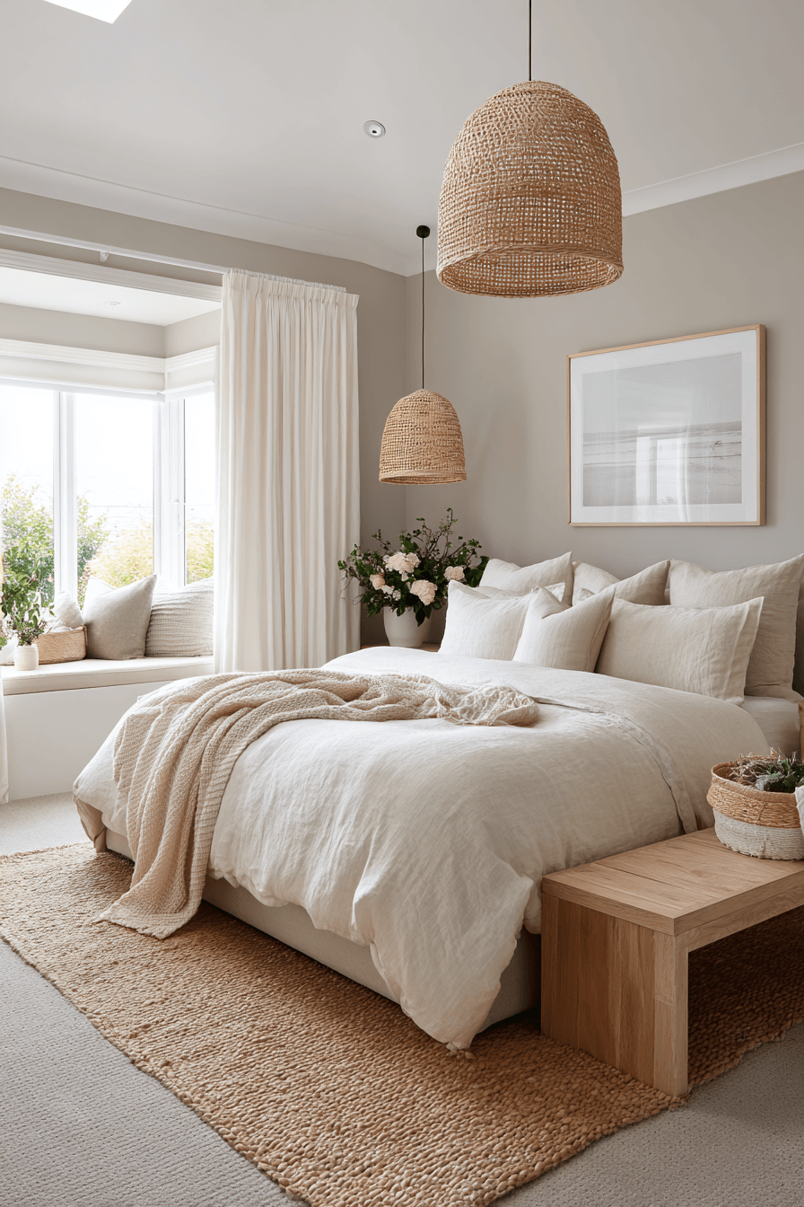 Soft sand and sandy beige warm neutral bedroom with creamy linens and rattan accents