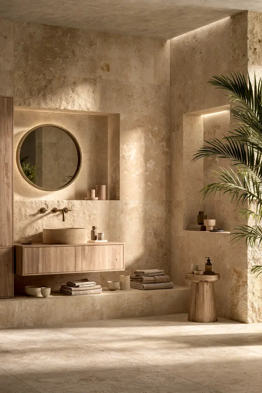 Calm sandstone bathroom with pale wood cabinetry and simple styling