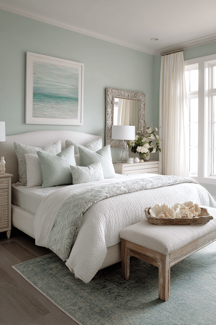 Seafoam beach bedroom with white trim natural wood and soft coastal accessories
