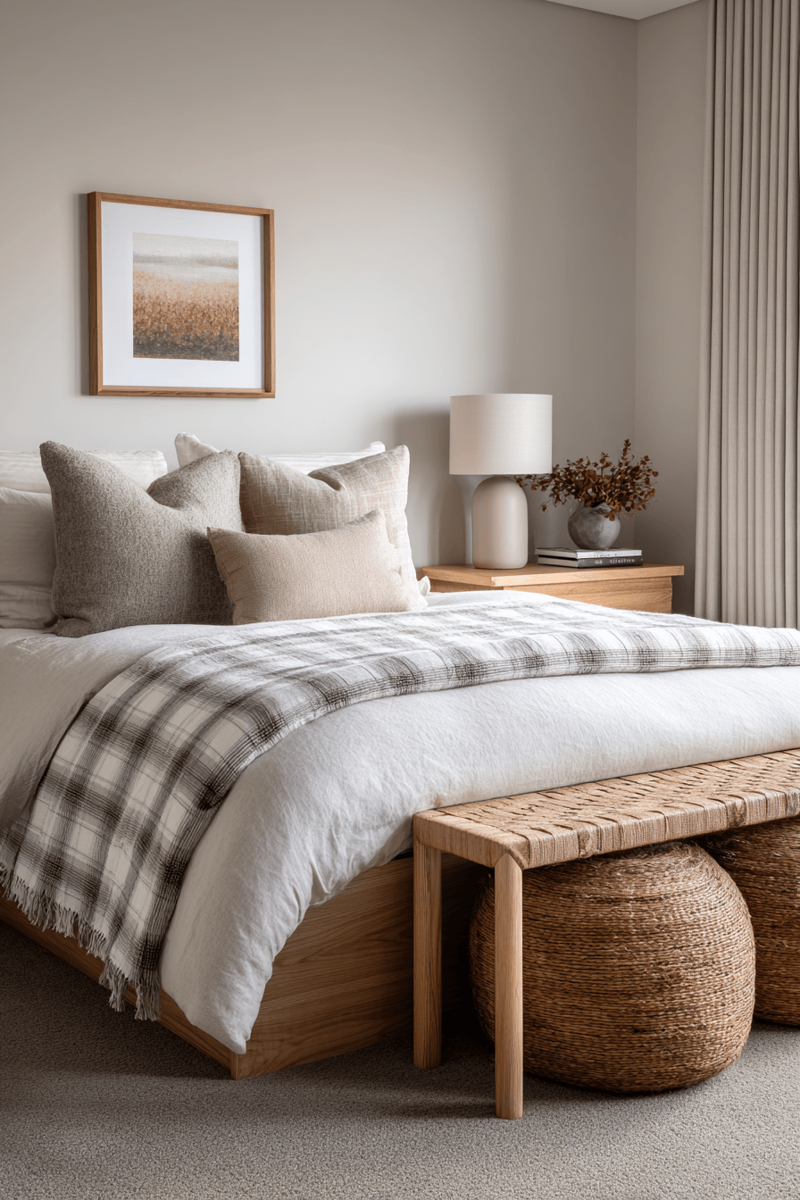 Soft neutral bedroom with low-profile furniture, textured wall hanging, and warm lighting