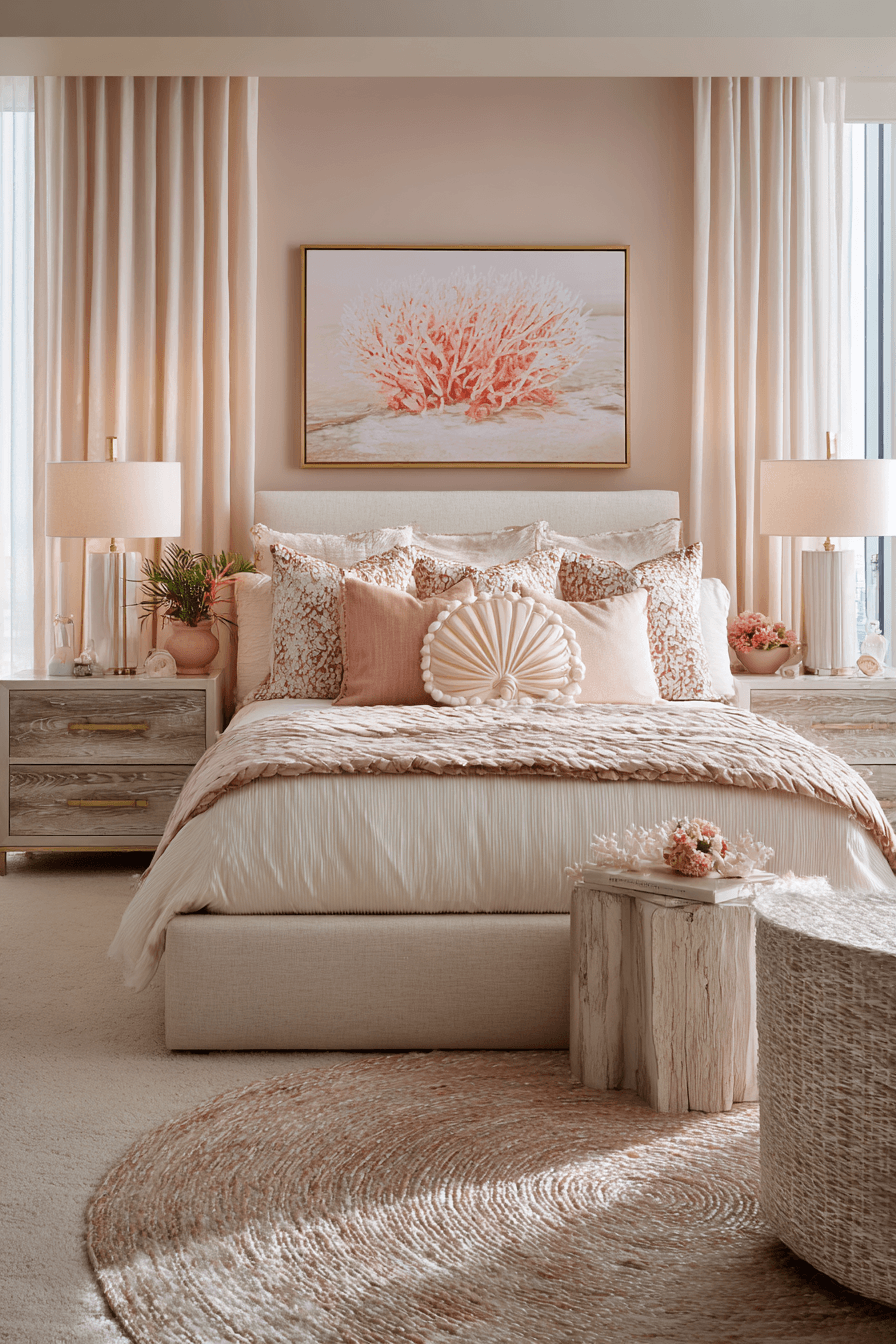 Soft coastal bedroom with blush bedding, pearl finishes, and seashell-inspired decor