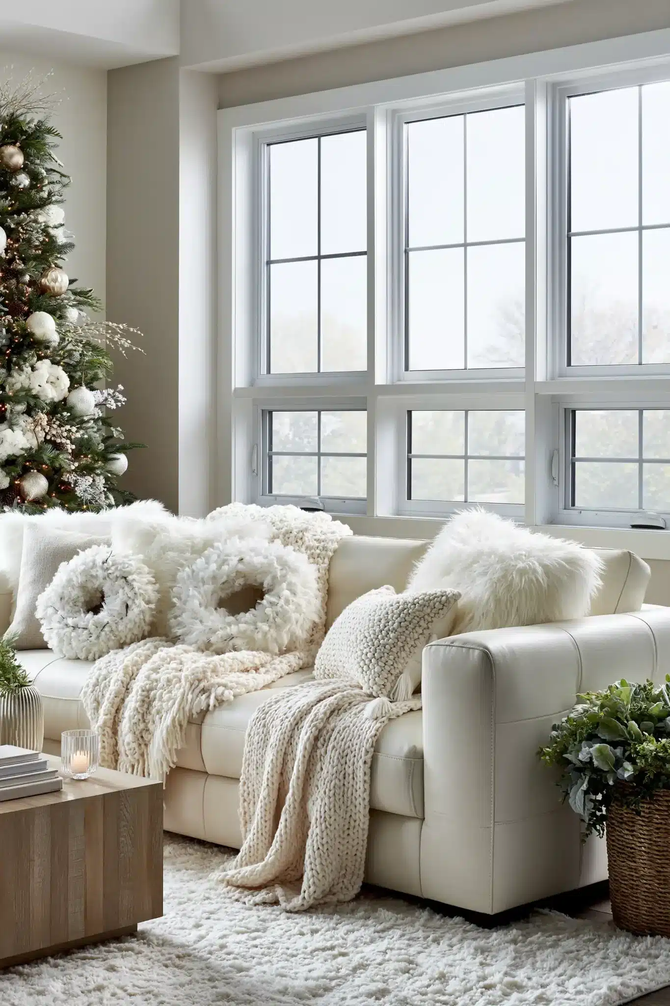 Layered white living room with plush throws, snowy wreaths, and soft Christmas decor