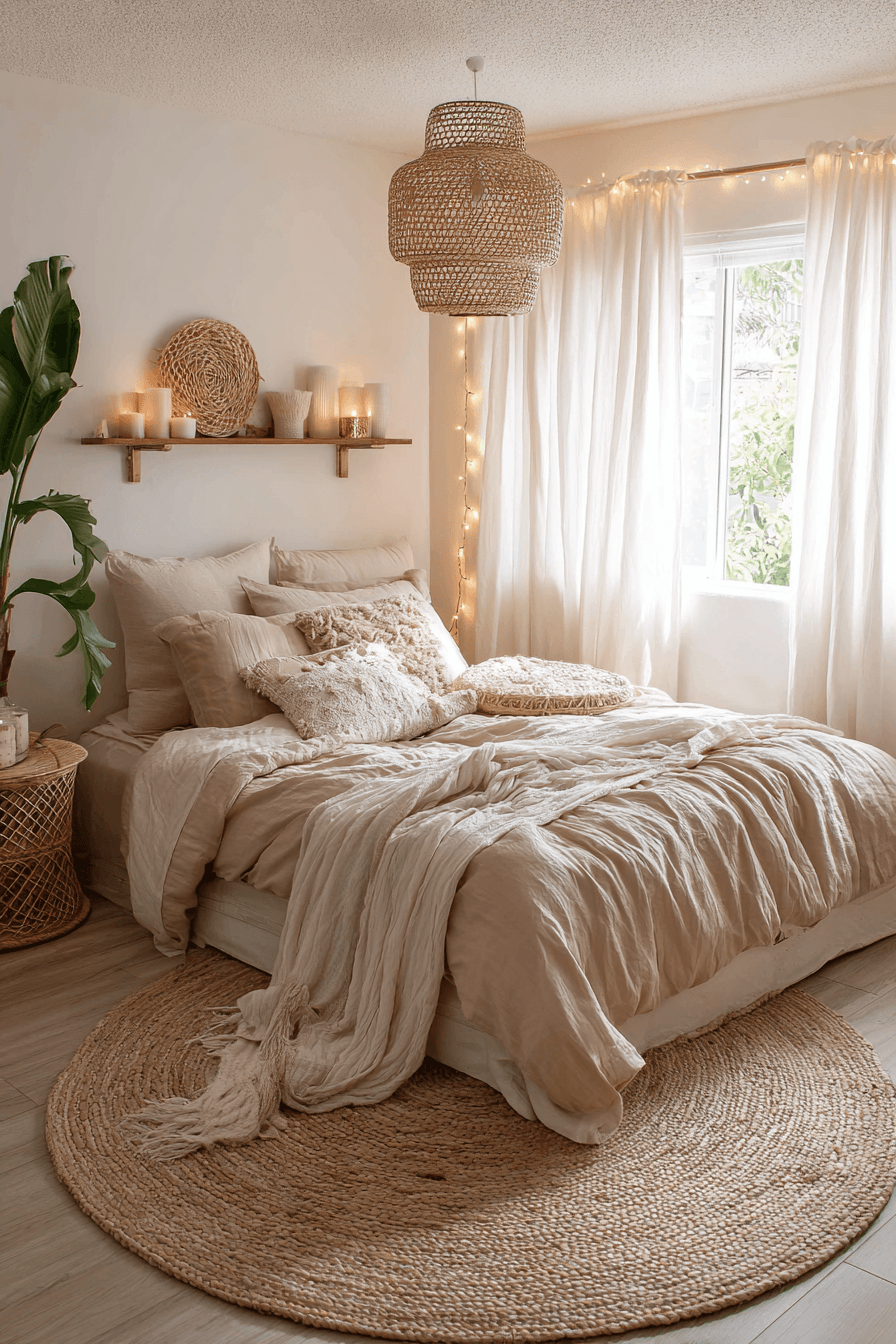 Beachy boho bedroom with warm string lights, woven pendant lighting, candles, and soft sand and blush tones