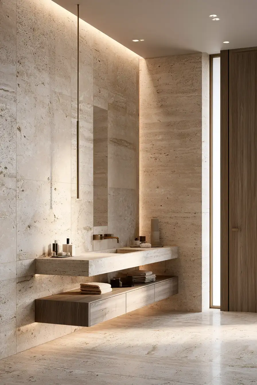 Warm travertine bathroom with neutral finishes and brushed metal fixtures