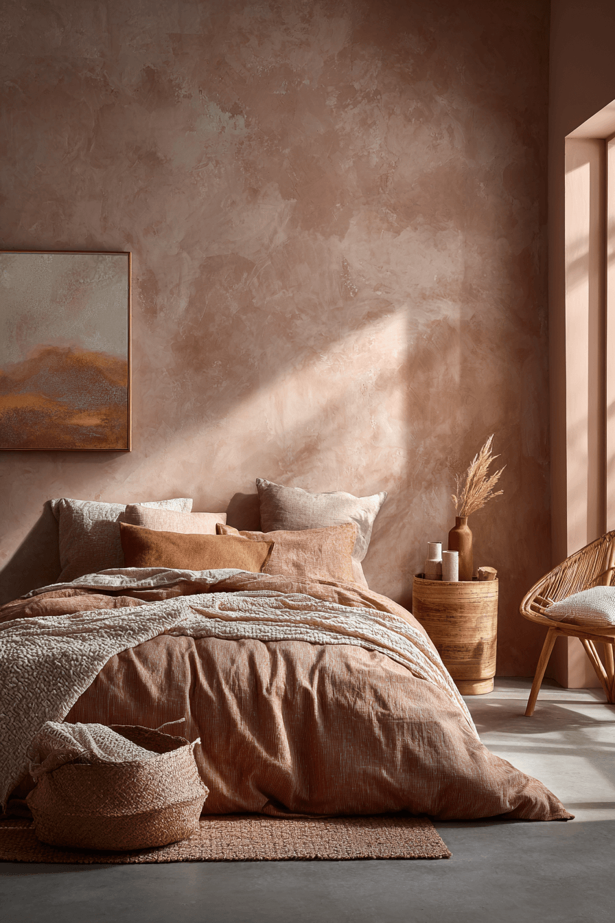 Warm minimalist bedroom with soft terracotta, blush, and beige tones
