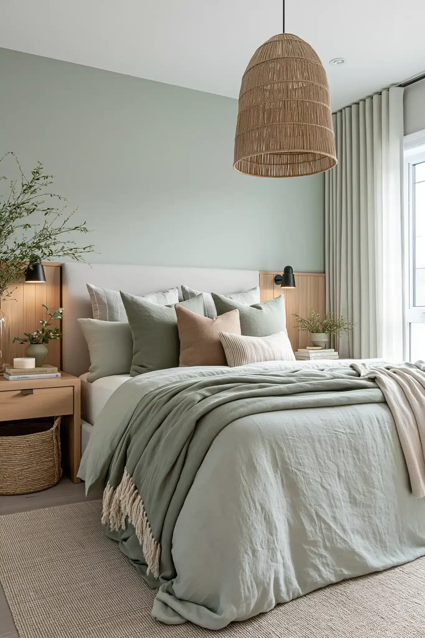 Serene sage green and grey bedroom with linen bedding, wood furniture, and gentle greenery