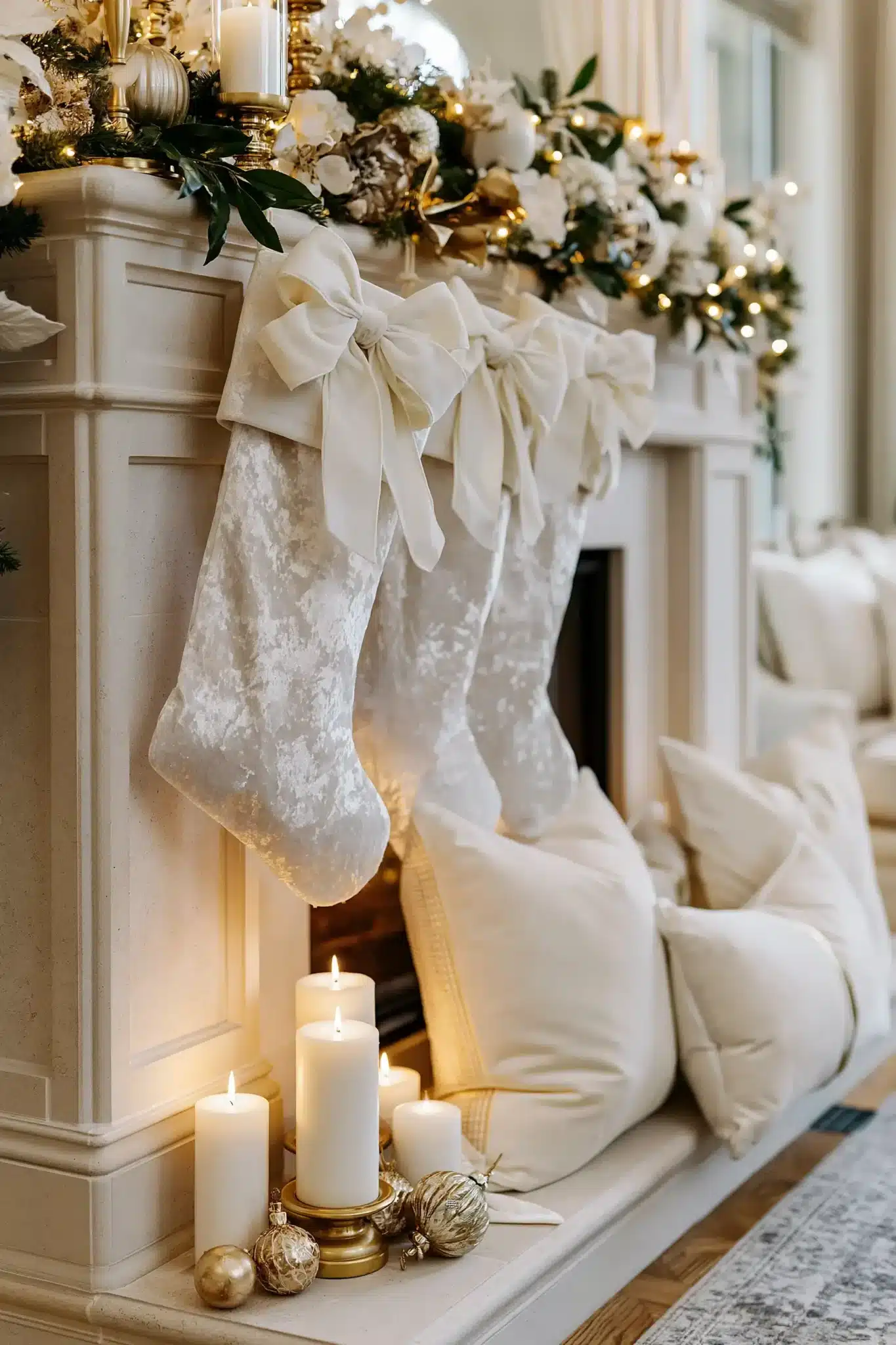 White velvet holiday decor with pillows, stockings, and ribbon paired with gold accents.