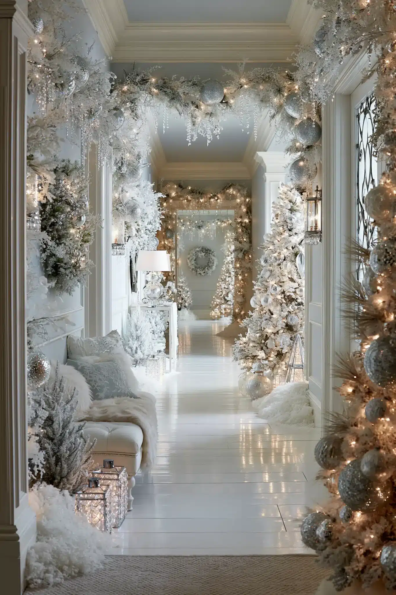 Elegant hallway decorated in white and silver winter Christmas decor