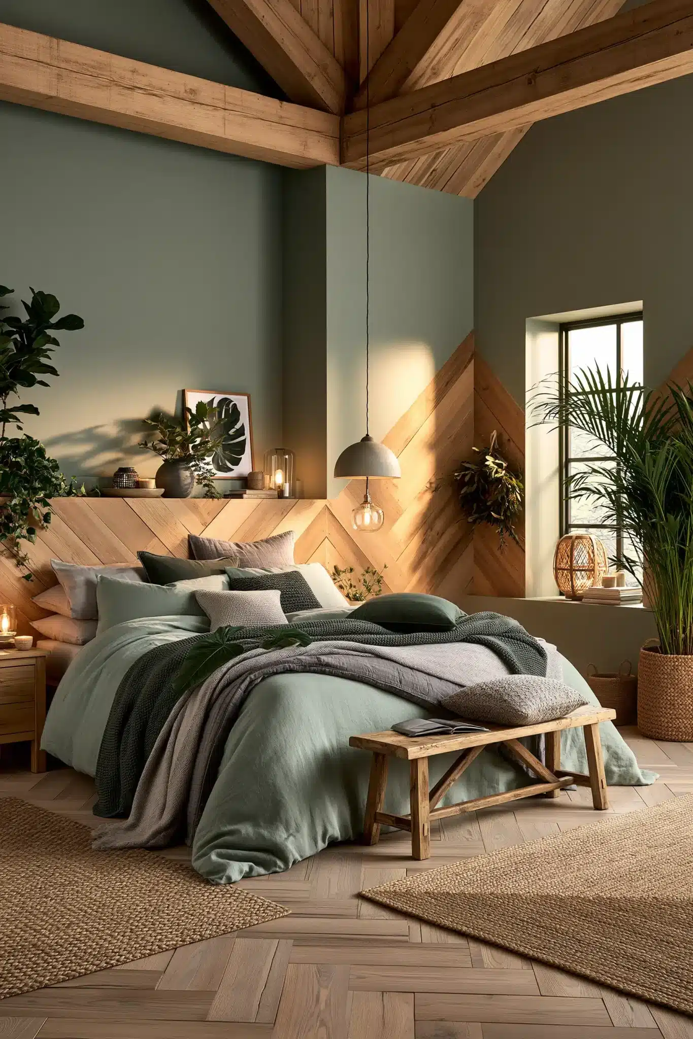 Soft woodland sage green and grey bedroom with timber furniture, cozy bedding, and greenery