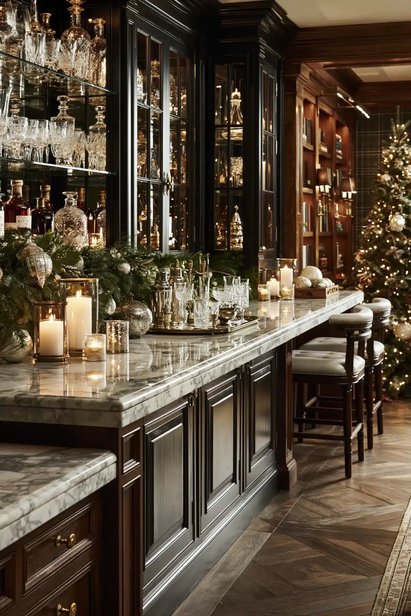 A loft entertaining space styled with elegant Christmas decor