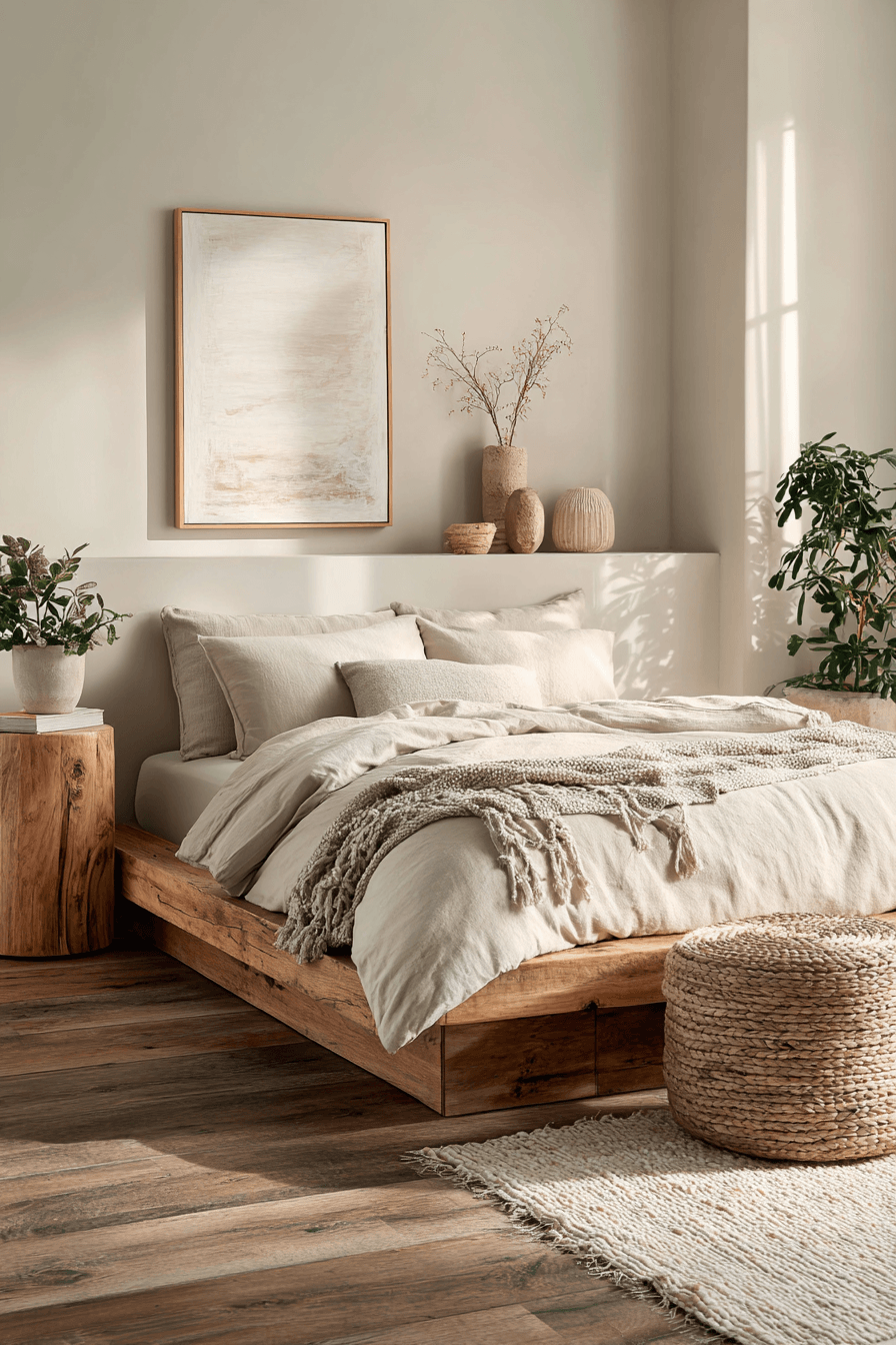 Spa-inspired warm neutral bedroom with platform bed, floor cushions, and woven pendant lights