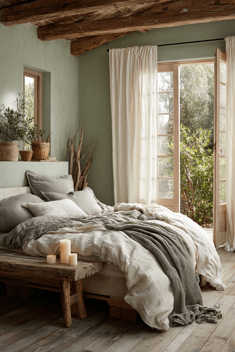 Calm bedroom with sage walls, pale wood furniture, and soft sheer curtains