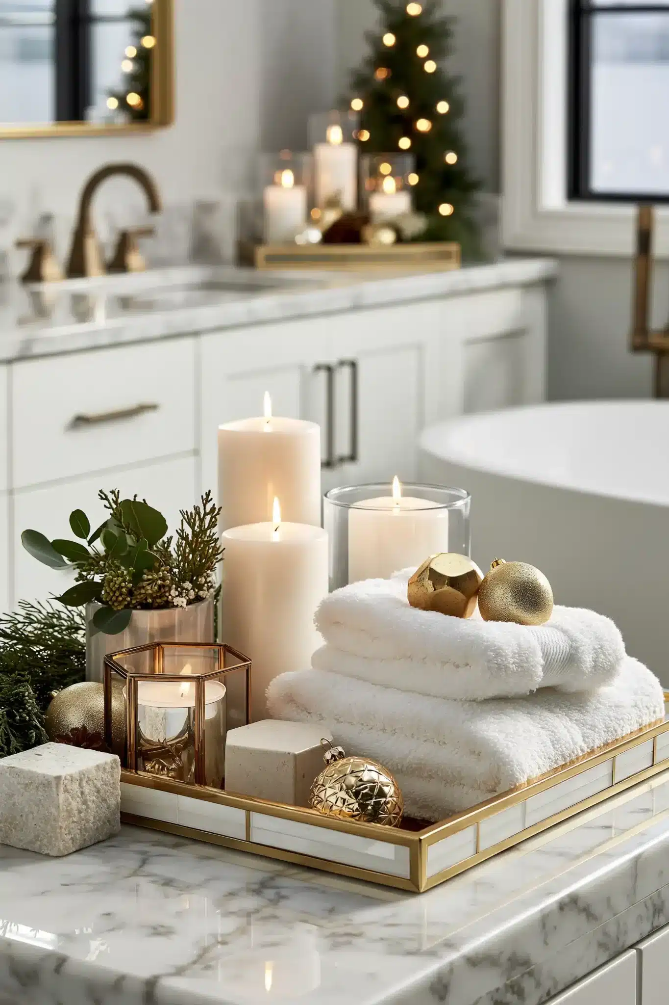 A bathroom styled like a spa with elegant Christmas decor