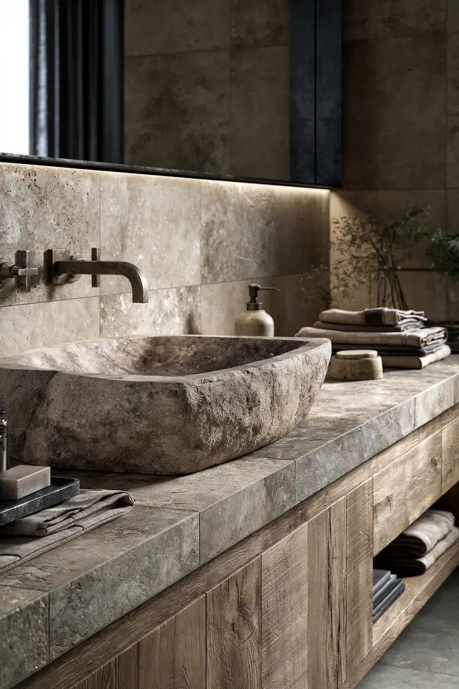 A sculpted stone sink in a calm bathroom with wood cabinetry and soft lighting