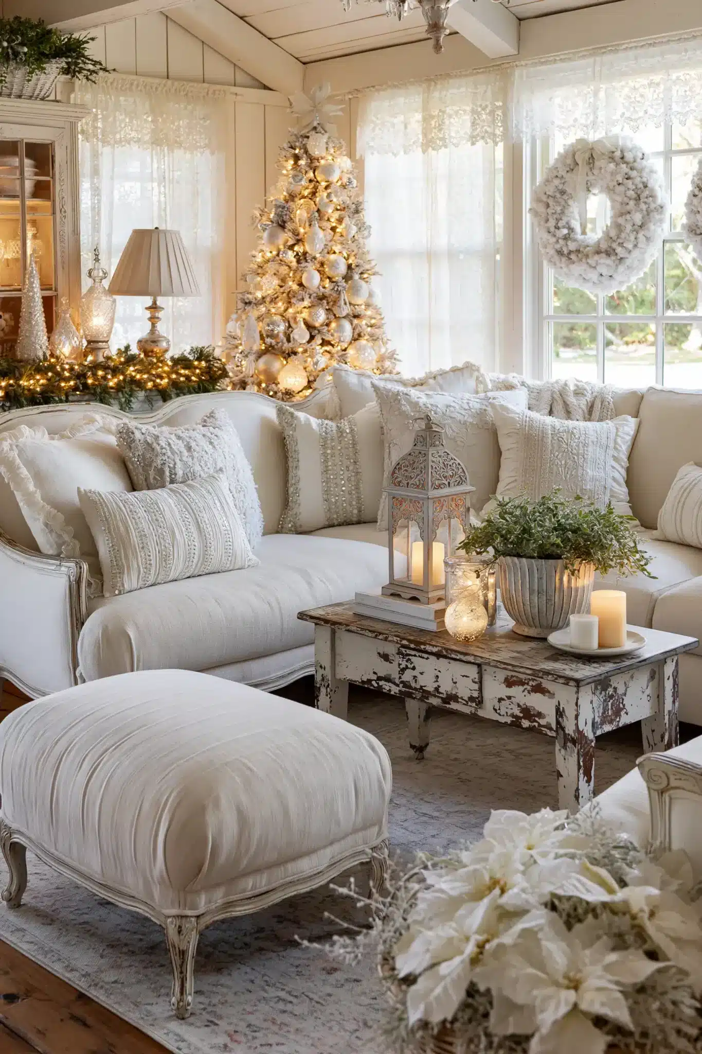 Cottage holiday decor with crystal ornaments, lace, vintage touches, and white Christmas styling