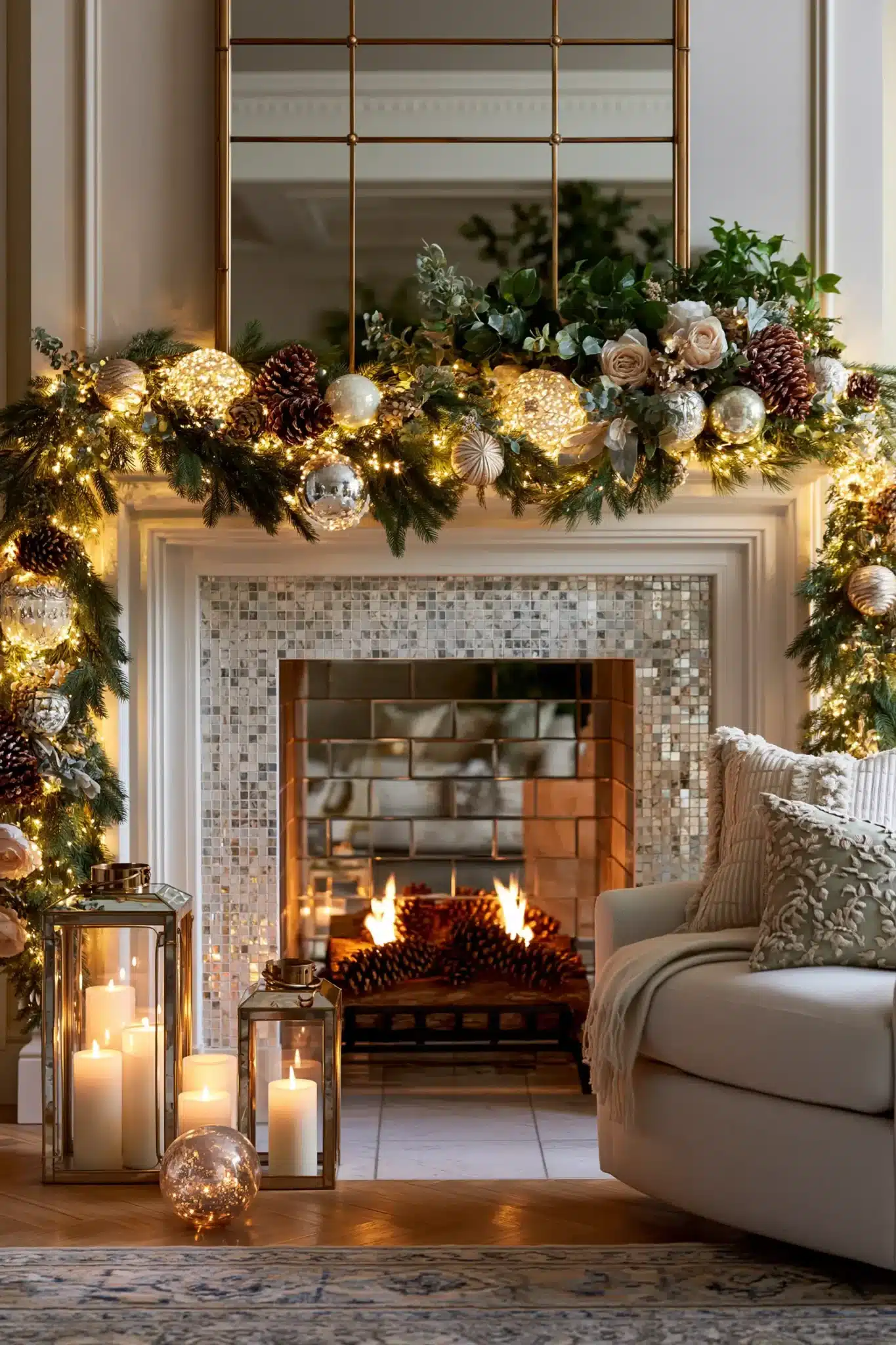 Twinkling Christmas mantel decorated with fairy lights and greenery