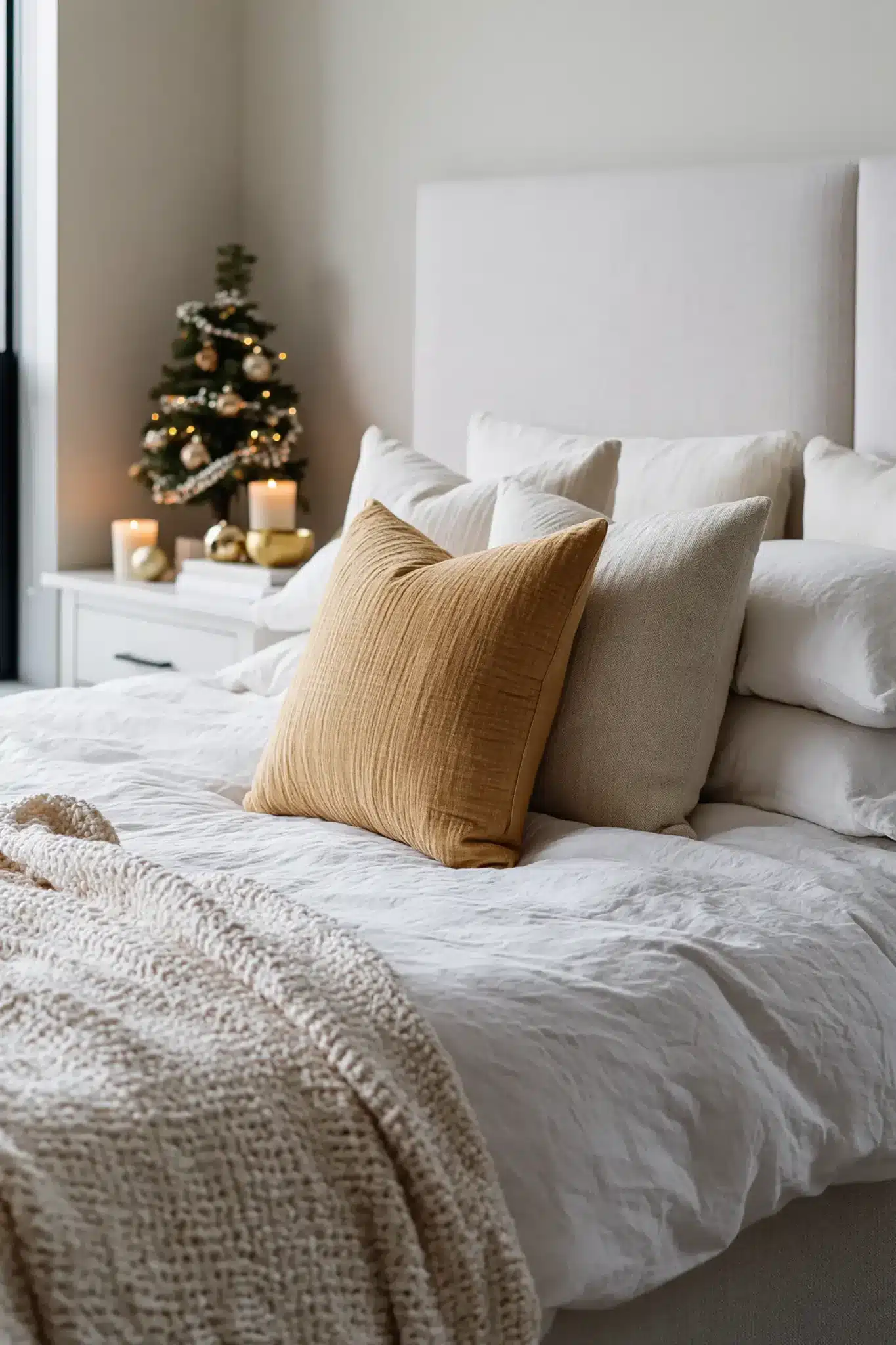 A neutral bedroom decorated for Christmas with white bedding, gold pillows, fairy lights, and a small tree.