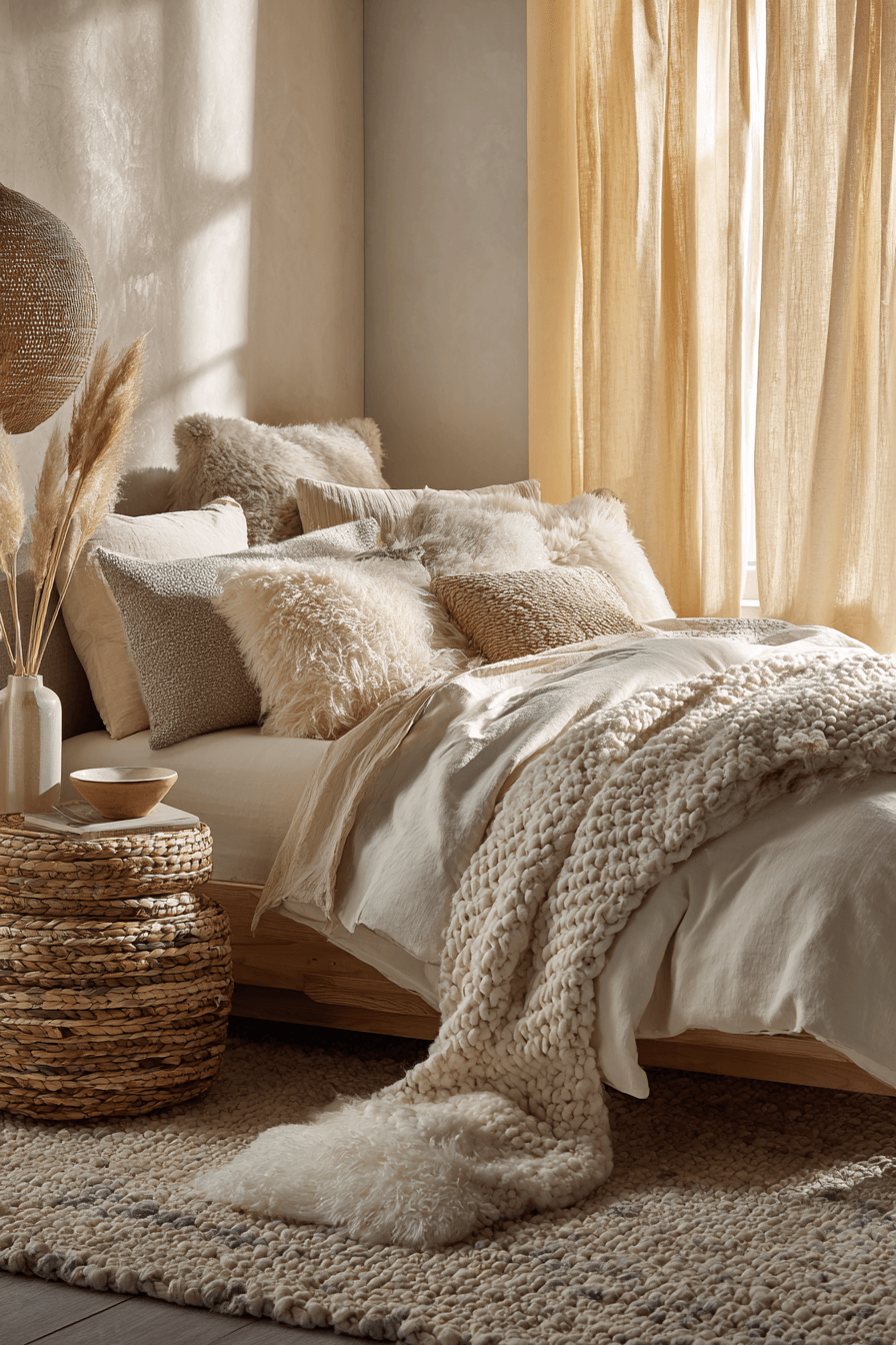 Bedroom with buttery neutrals, layered textures, and pale wood furniture