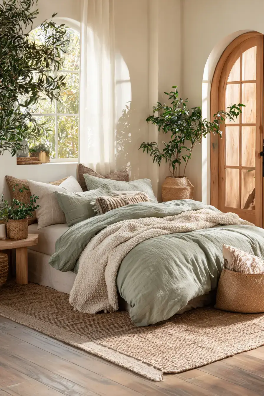 A layered sage green boho bedroom with textured bedding and warm wood finishes