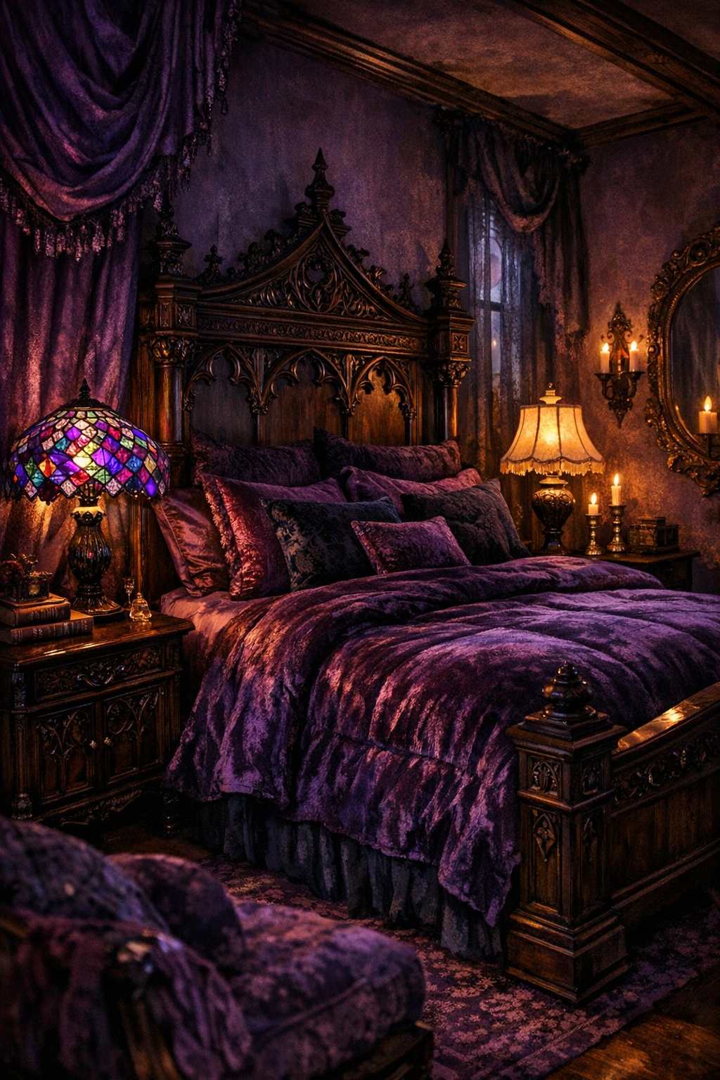 Purple gothic bedroom with stained-glass lighting, velvet accents, dark wood furniture, and warm moody light.