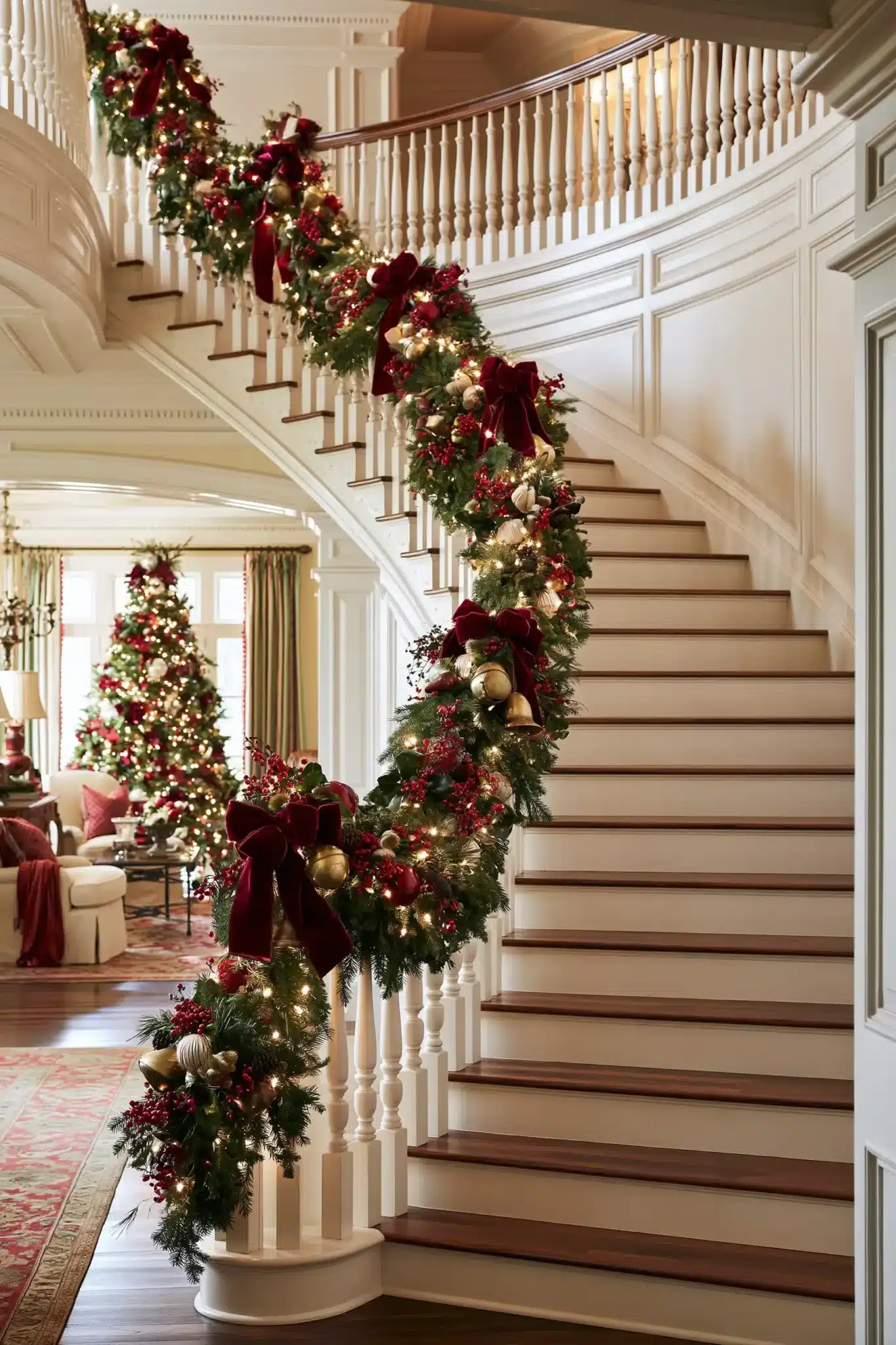 Festive staircase with garland, ribbon, and lights in a traditional Christmas home.