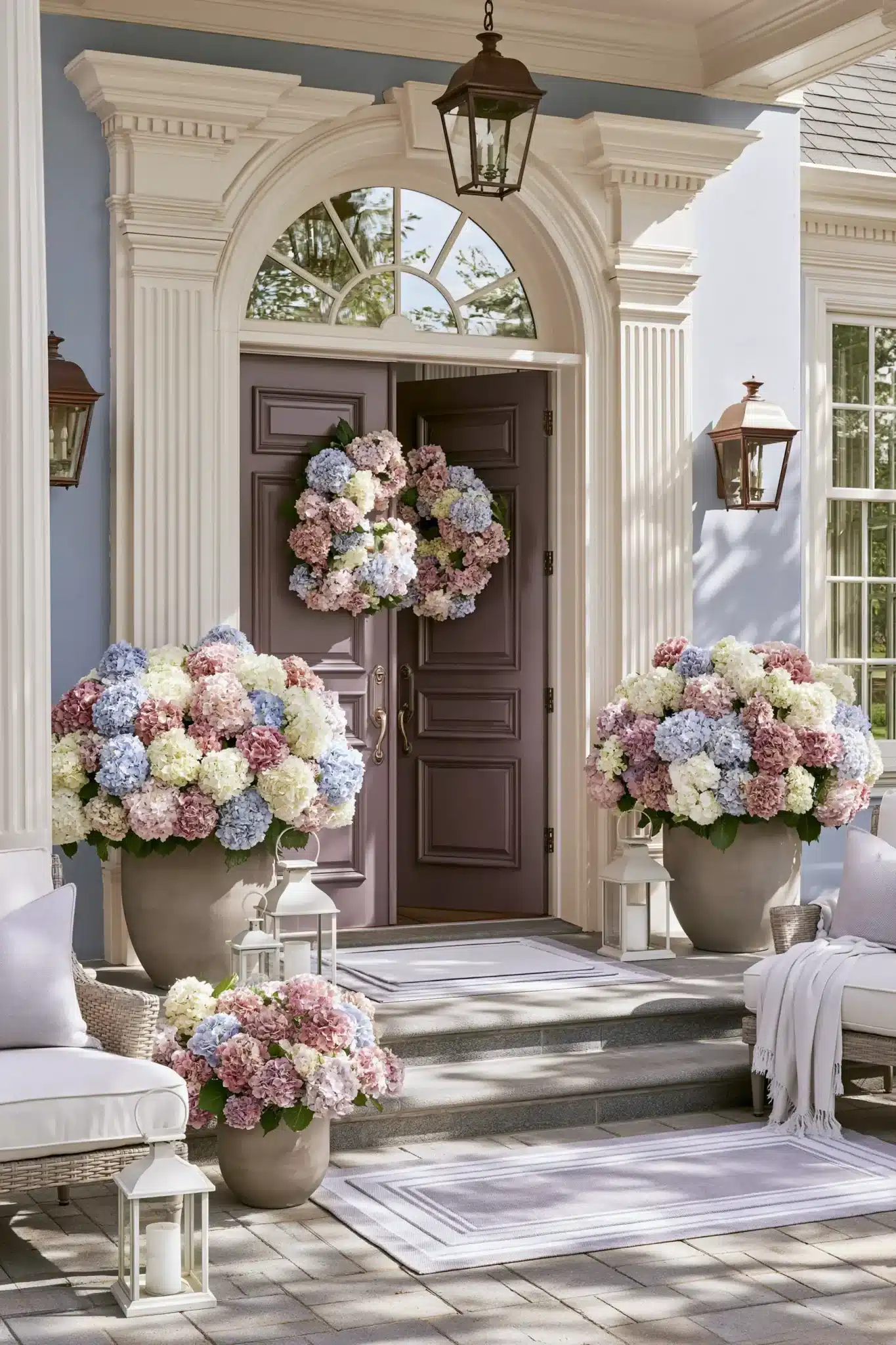 A spring front porch framed by large hydrangea planters and simple coordinated decor.