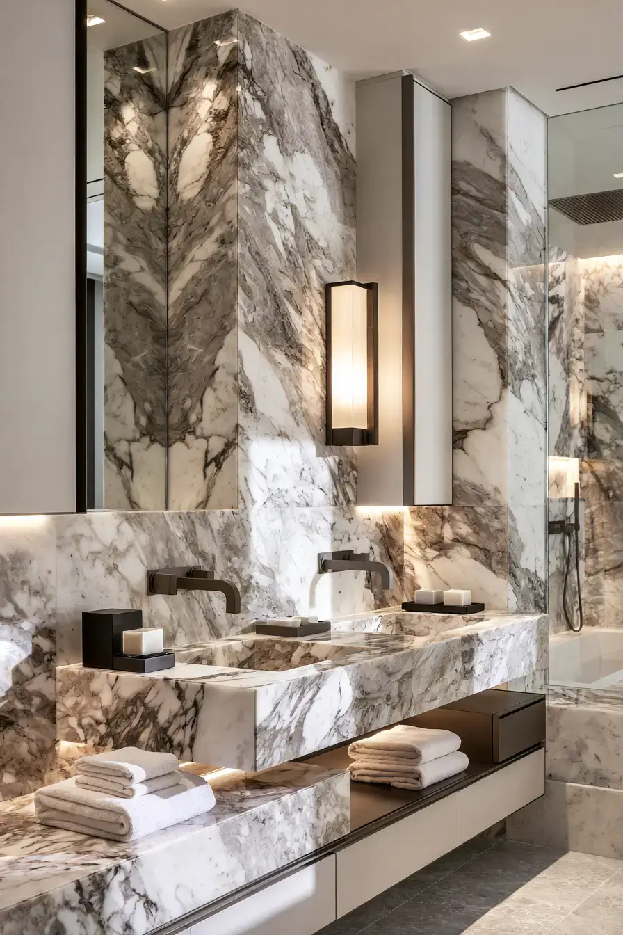 Statement marble bathroom with dramatic veining and matte fixtures