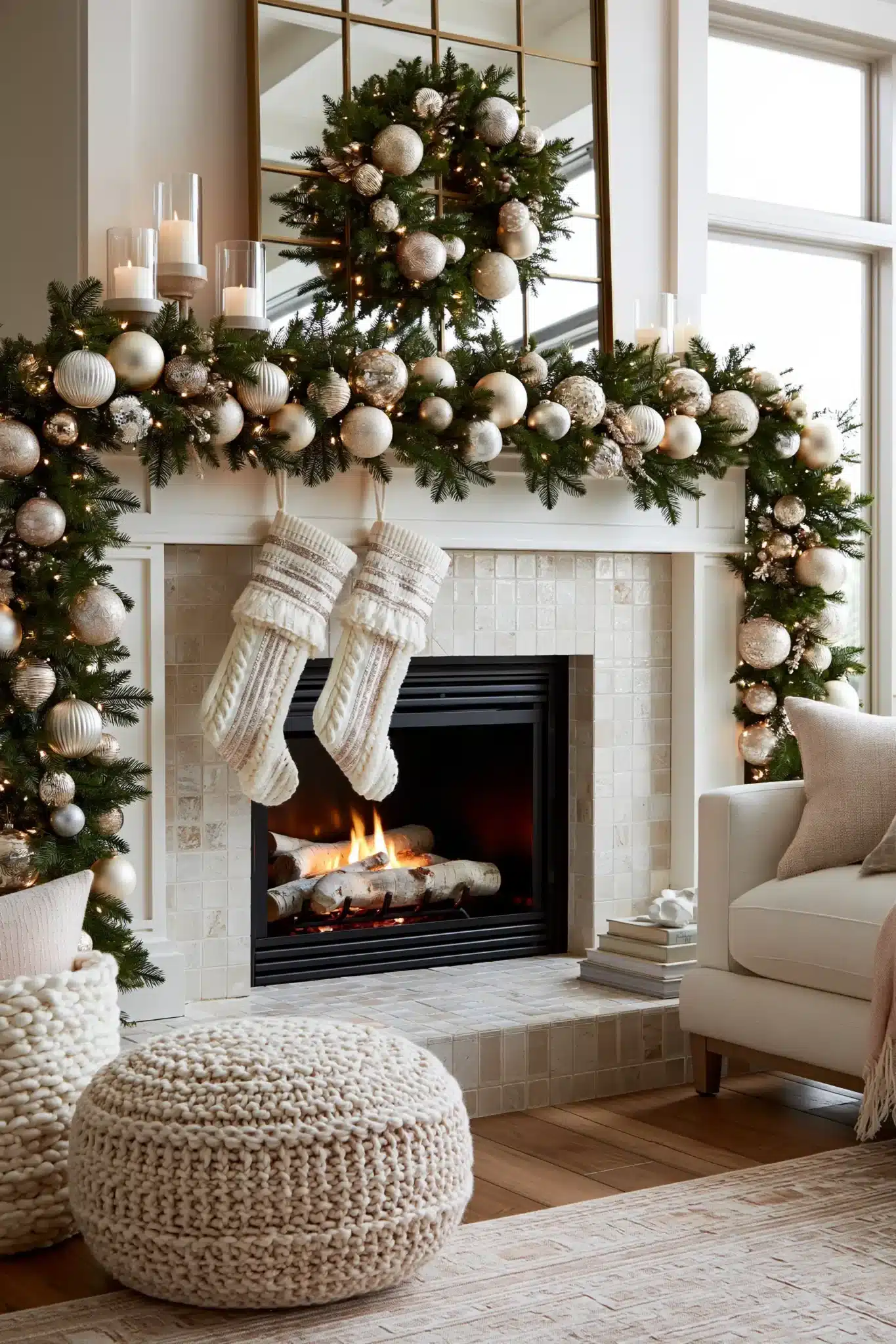 A dramatic Christmas fireplace decorated with full ornament garland and holiday lights.