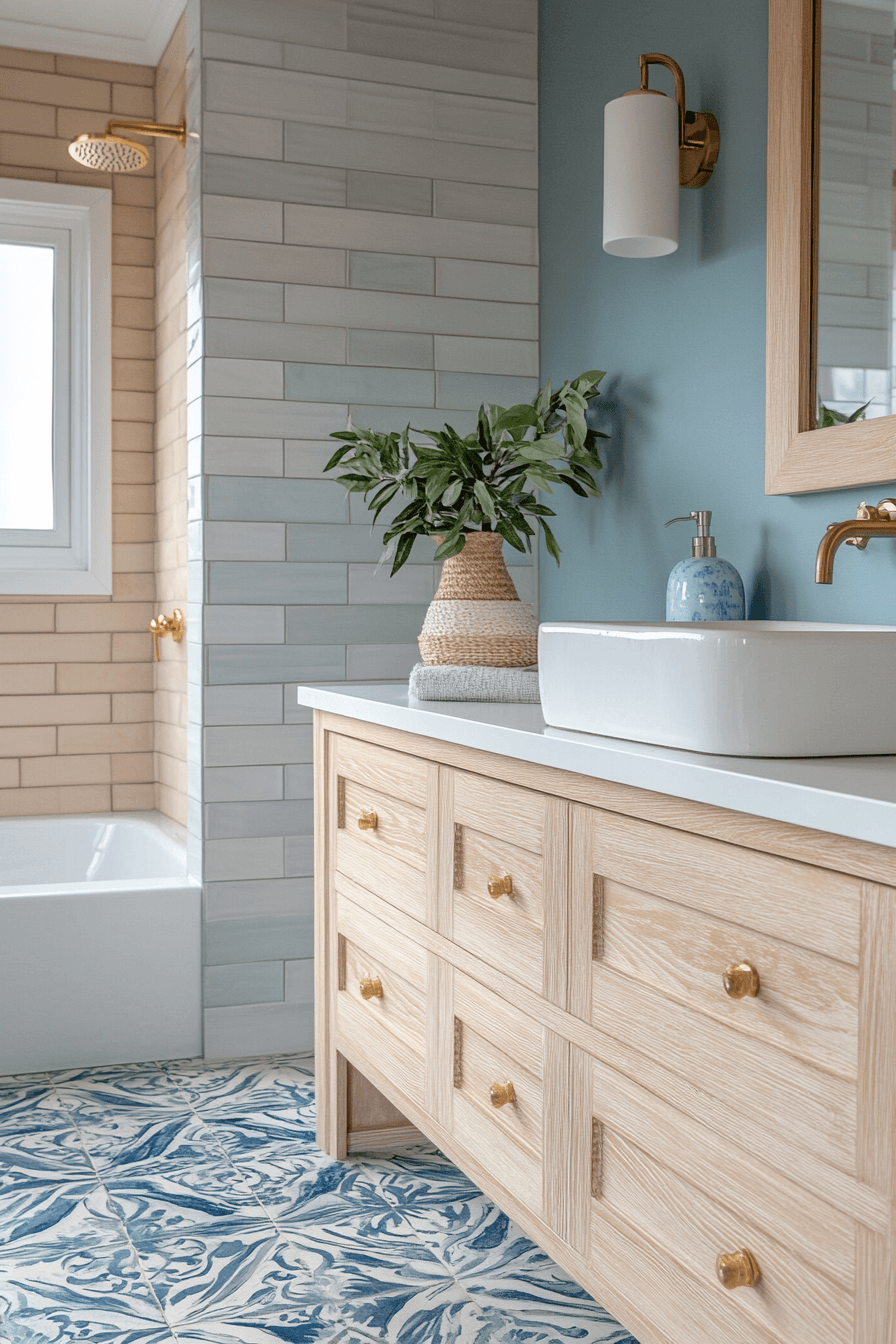 Modern coastal bathroom with statement tile and simple white finishes