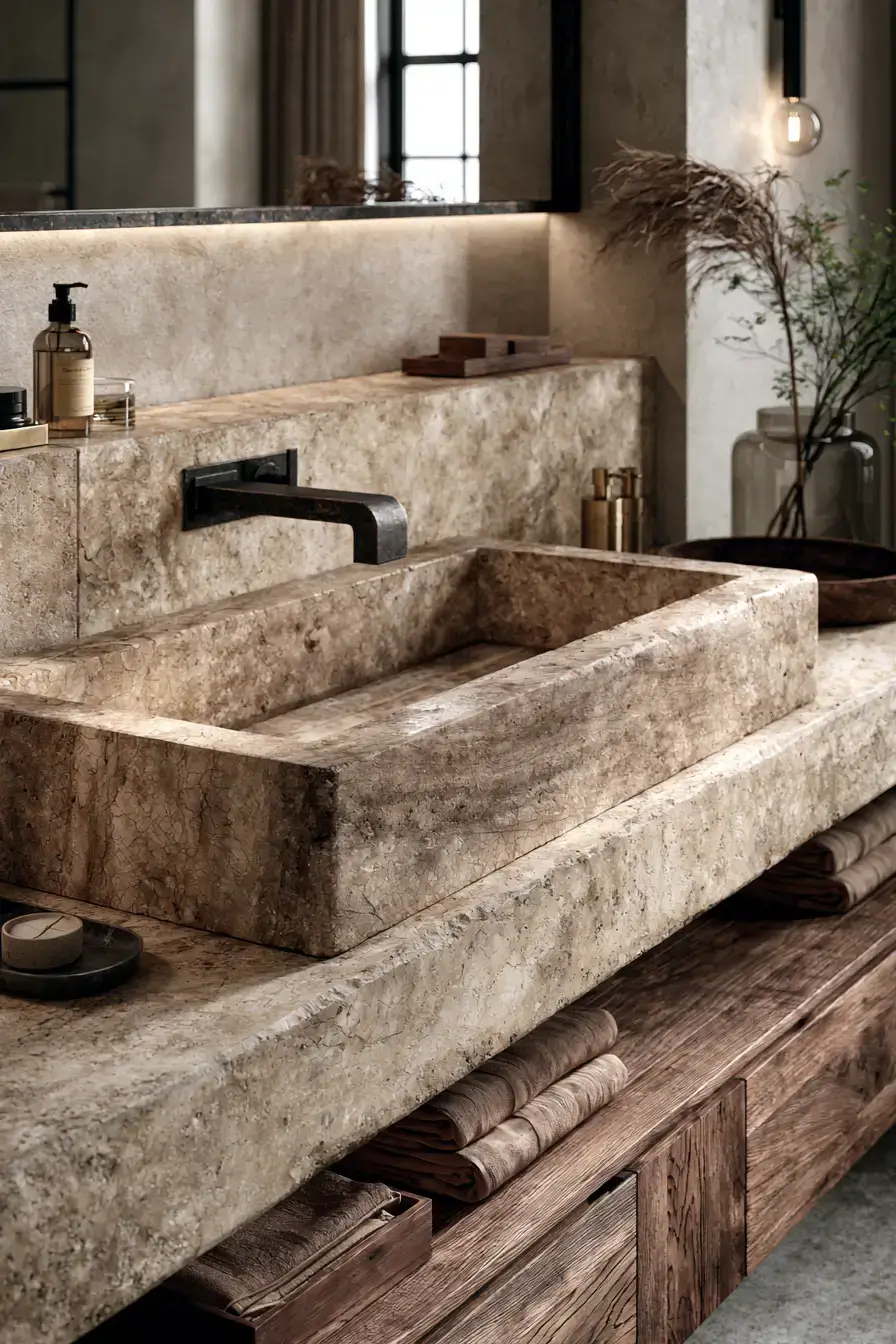 A bold stone vanity statement with understated décor in a bathroom