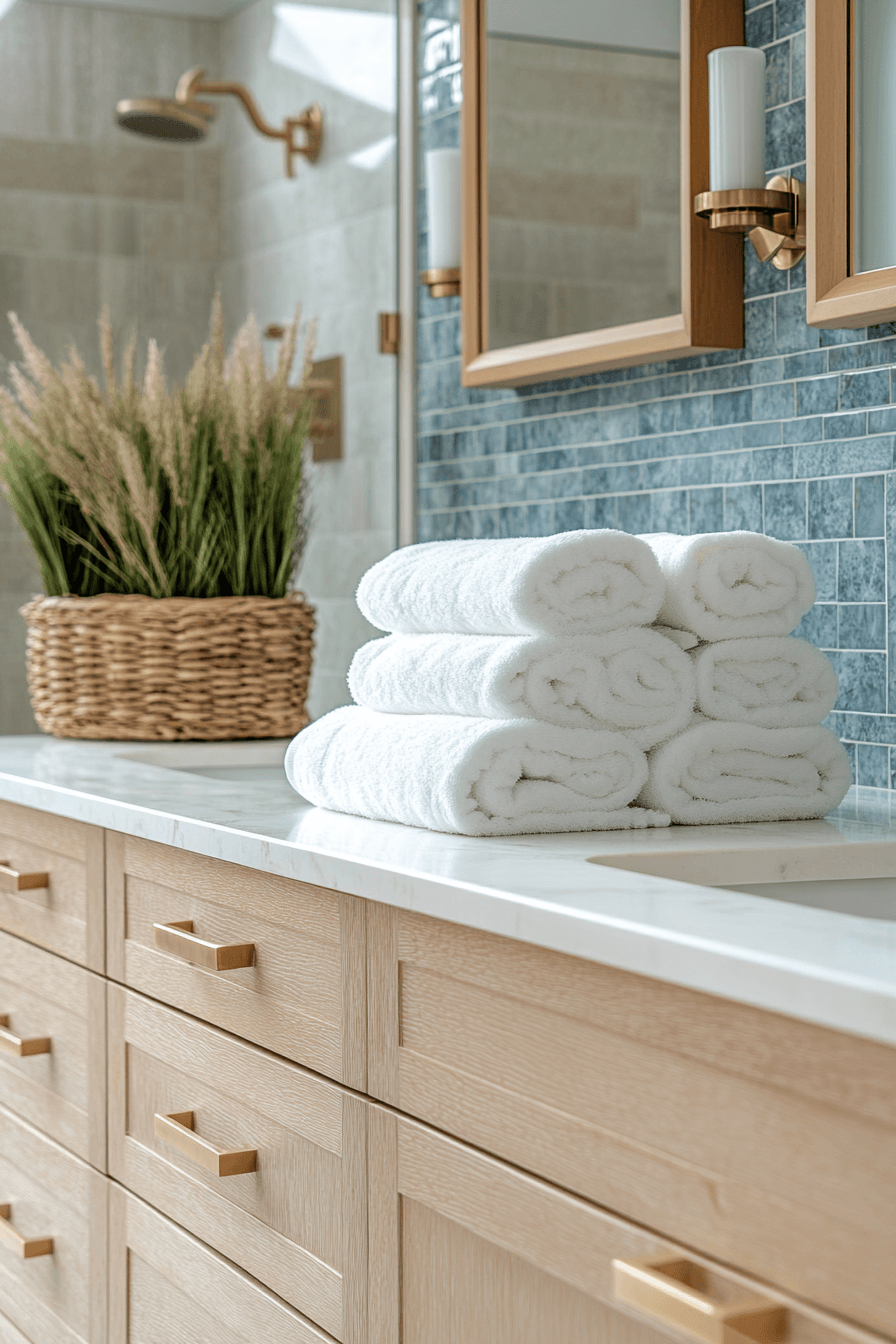 Modern coastal bathroom with natural stone surfaces and sea-glass accents