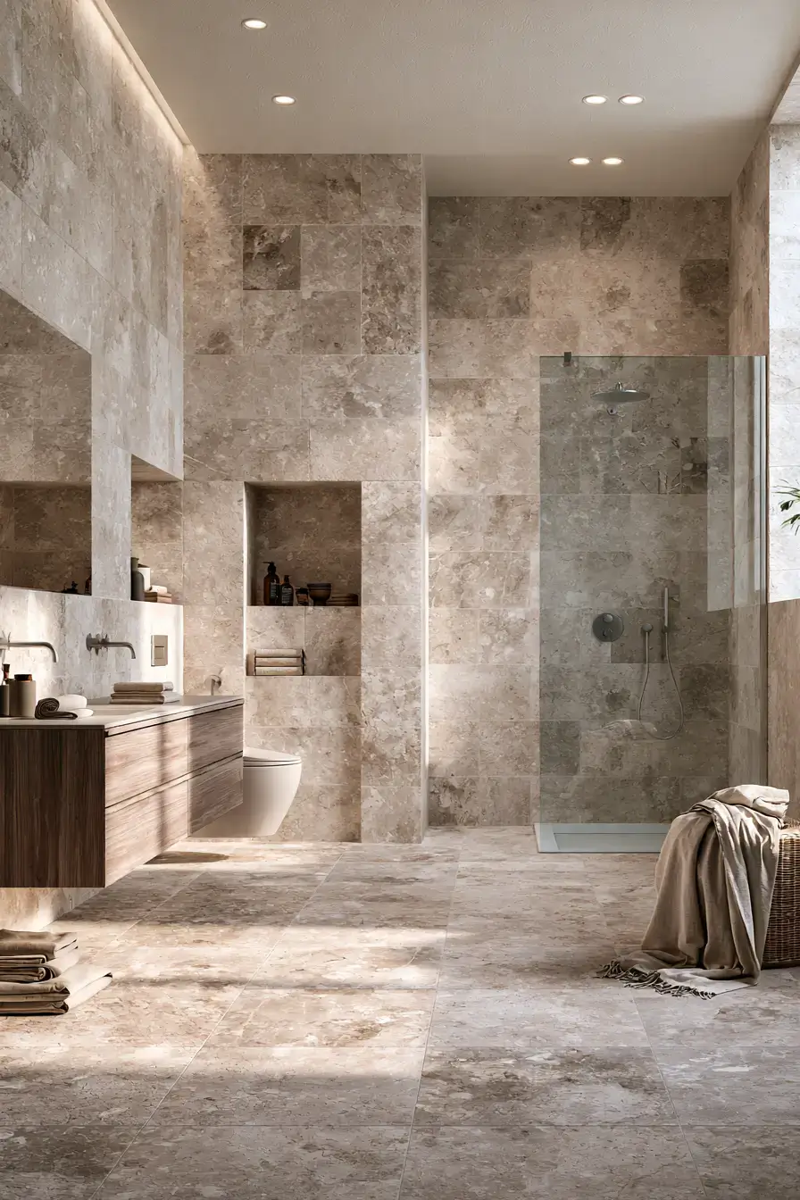Timeless natural stone bathroom with neutral styling