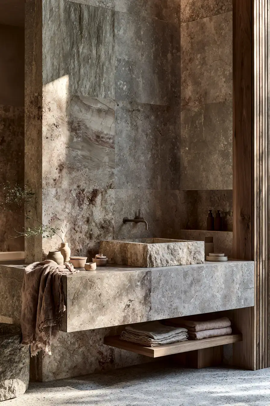 Serene Japandi bathroom with stone surfaces, soft lighting, and minimal styling