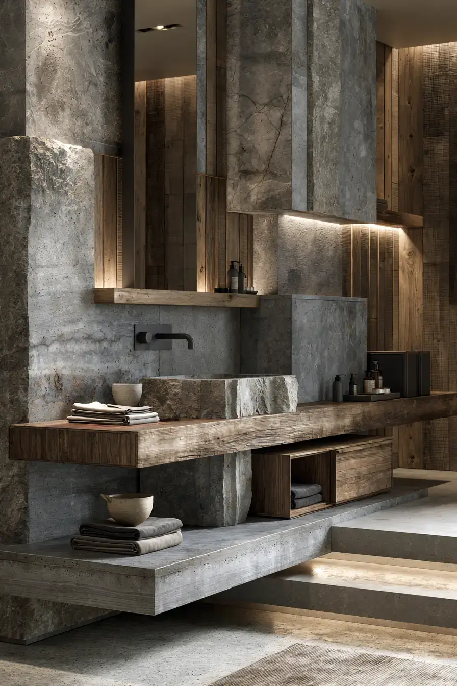 Japandi bathroom with sculpted stone surfaces, warm wood accents, and soft light