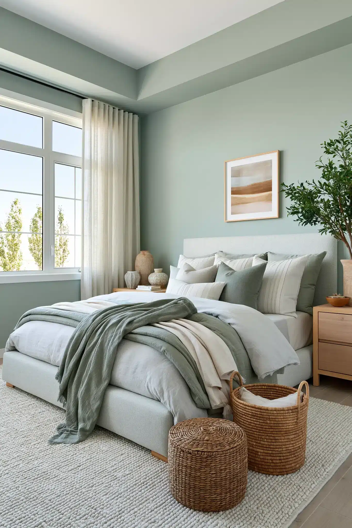 Soft sage and grey bedroom with stone-inspired finishes, linen curtains, and layered neutral decor