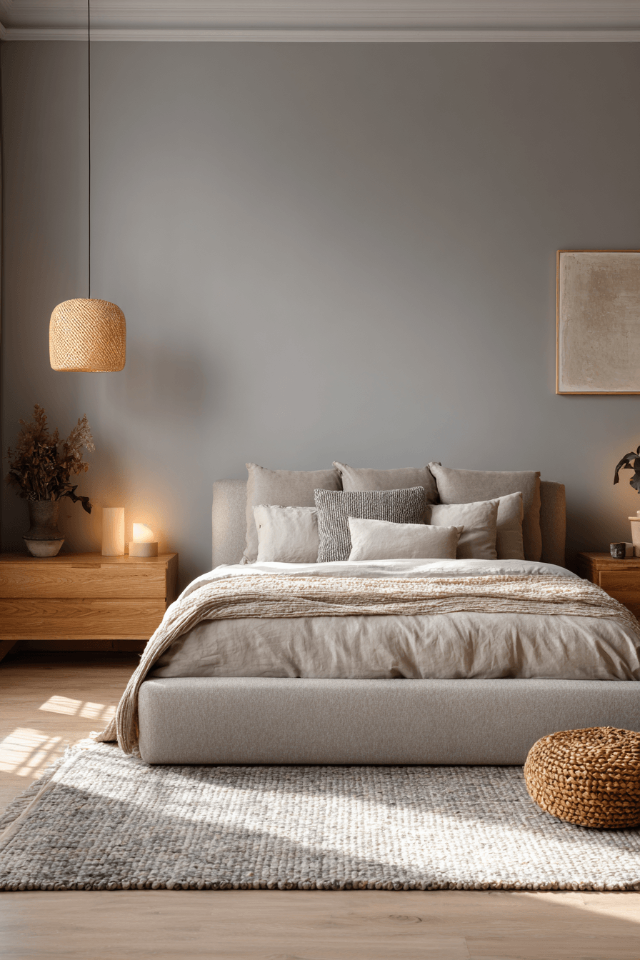 Stone-toned warm neutral bedroom with gray platform bed and sheer curtains