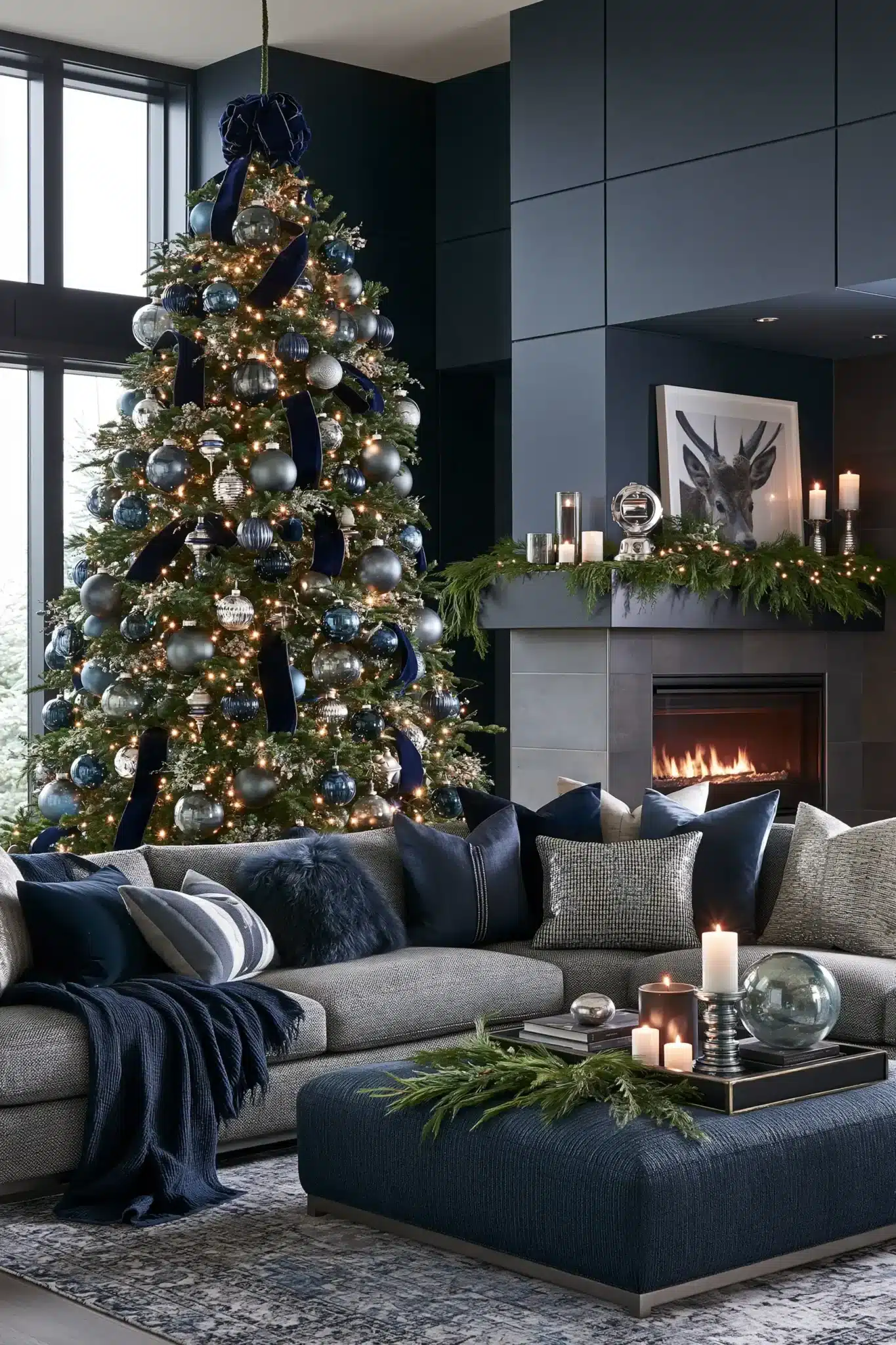 Moody Christmas decor in stormy blue, slate, charcoal, and evergreen with soft lighting.
