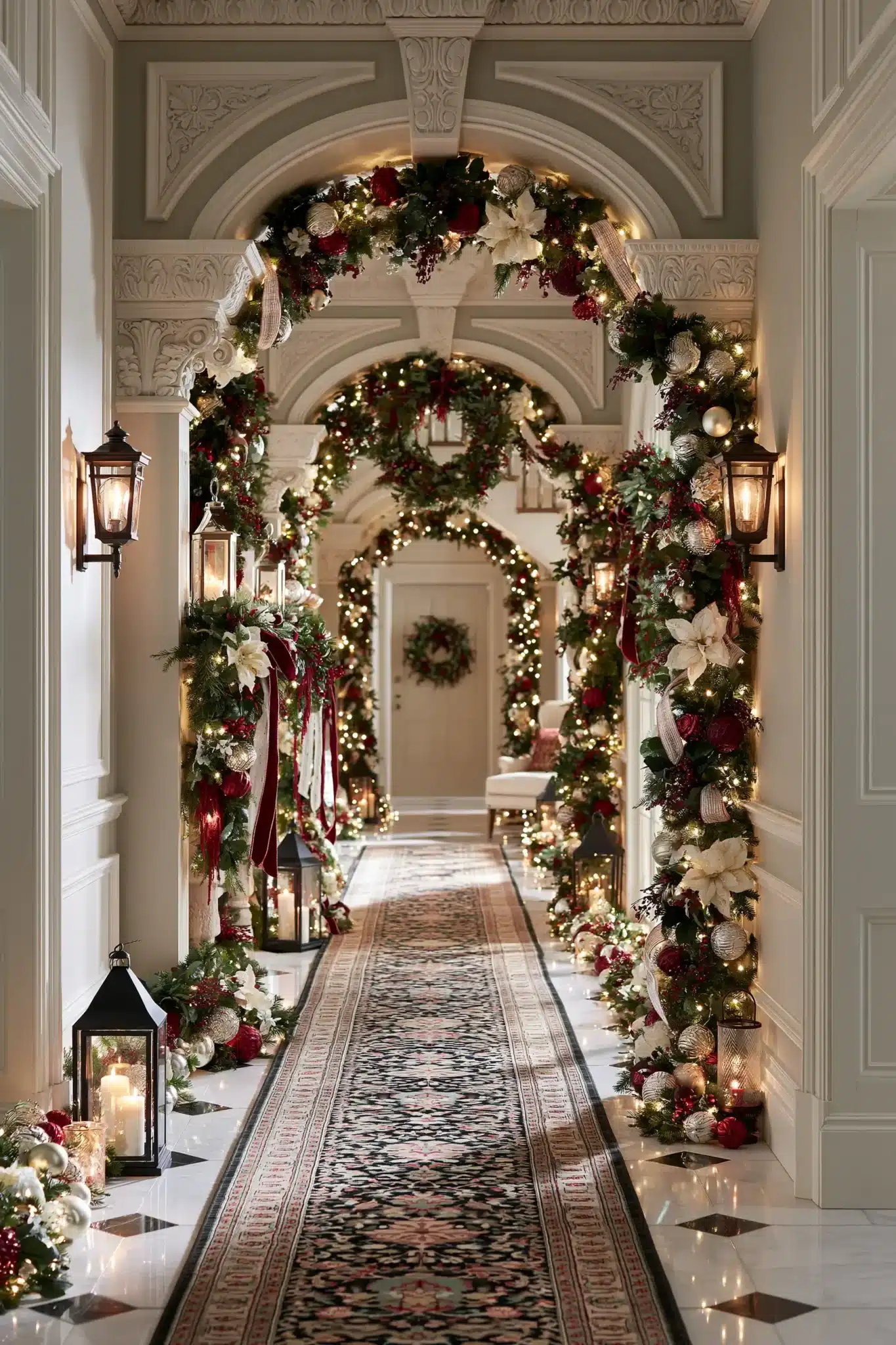 Whimsical hallway with storybook-inspired Christmas decor and warm lighting