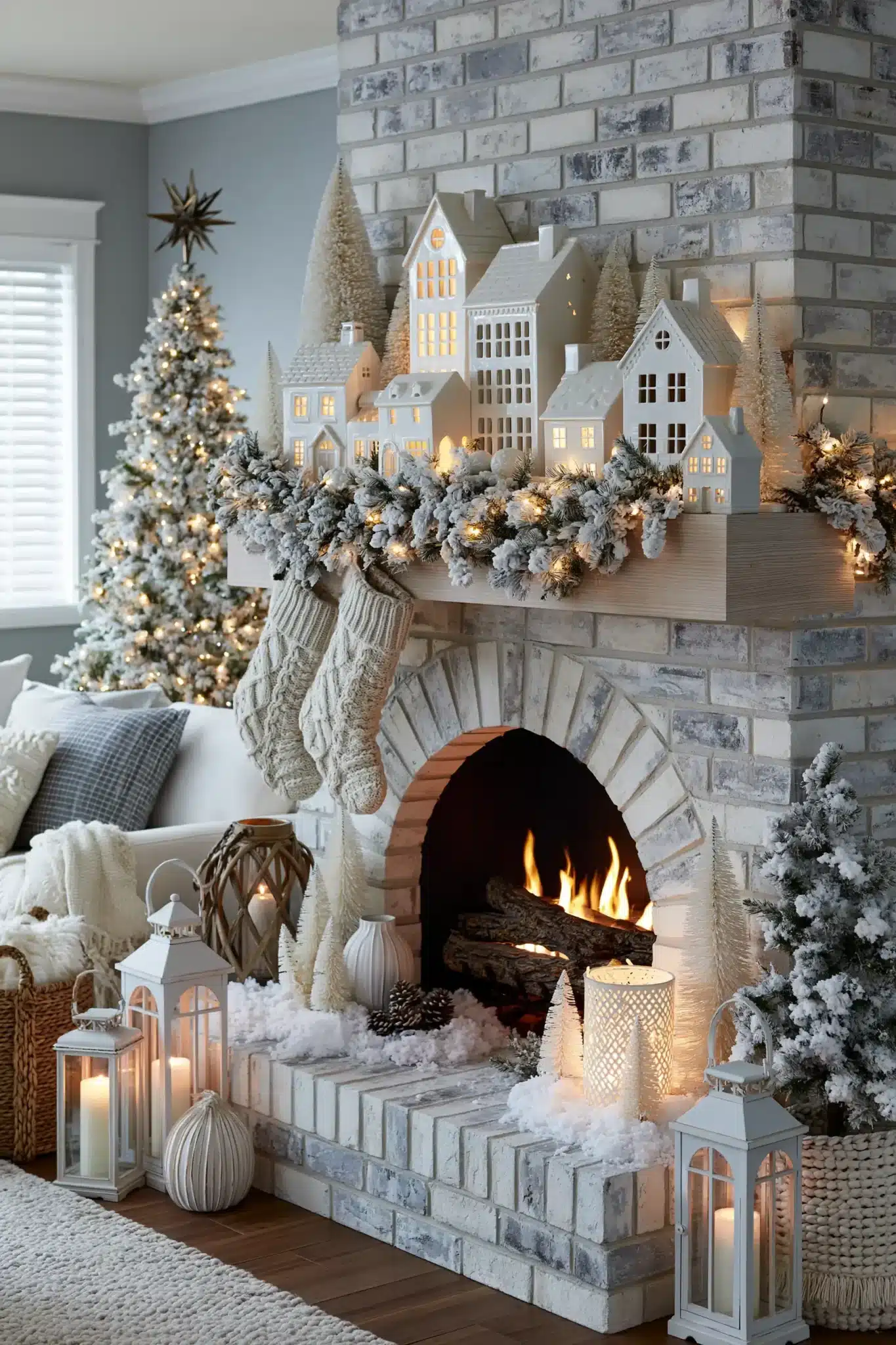 A cozy cottage-style Christmas fireplace with white houses, frosted greenery, and stockings.