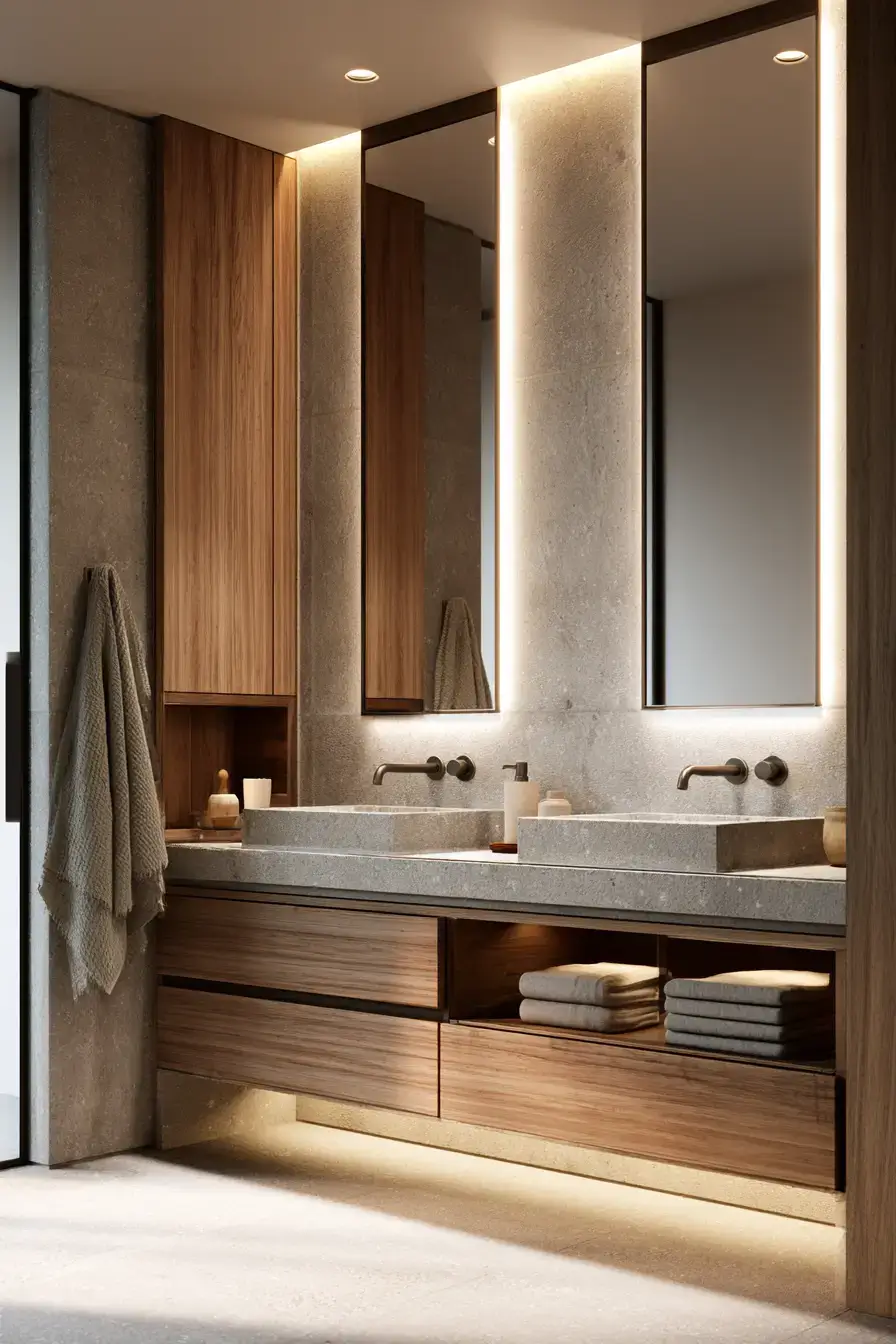 Clean-lined Japandi bathroom with simple architecture, warm textures, and smart storage