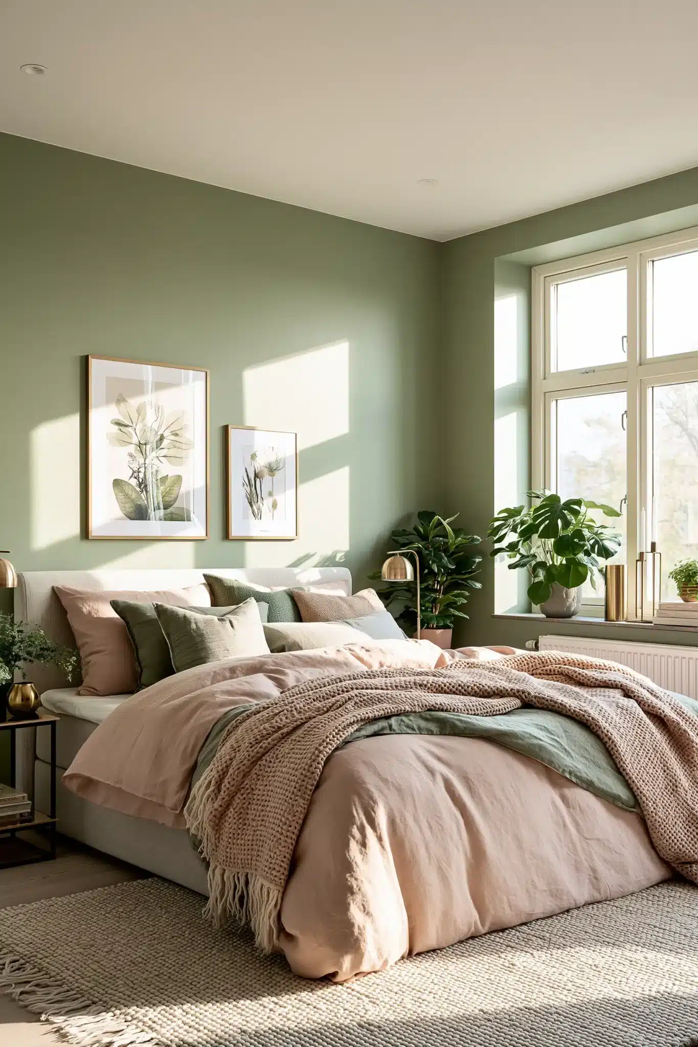Contemporary sage green and blush bedroom with minimalist furniture and simple decor.