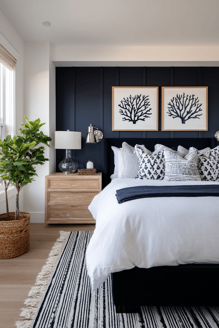 Modern coastal bedroom with clean lines, white walls, and structured navy accents