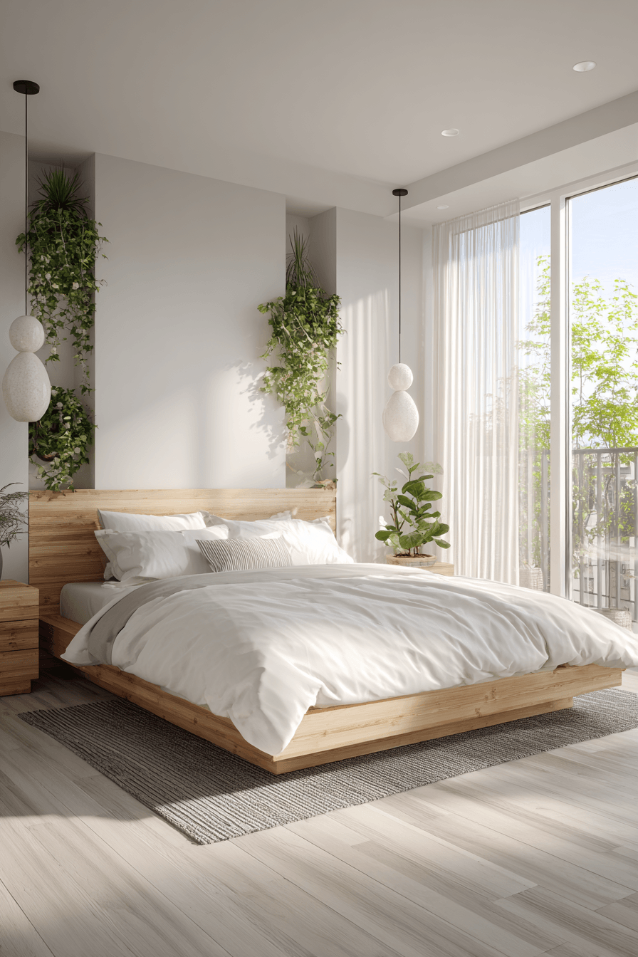 Modern eco-friendly bedroom with bamboo furniture, minimal decor, and green accents