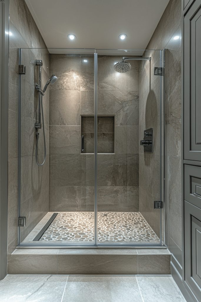 Walk-in shower with minimal hardware in a compact bathroom.