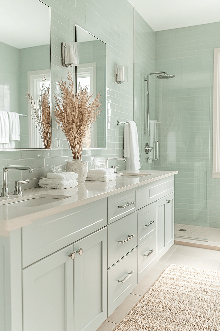 Minimal modern coastal bathroom with a floating double vanity and seafoam tile