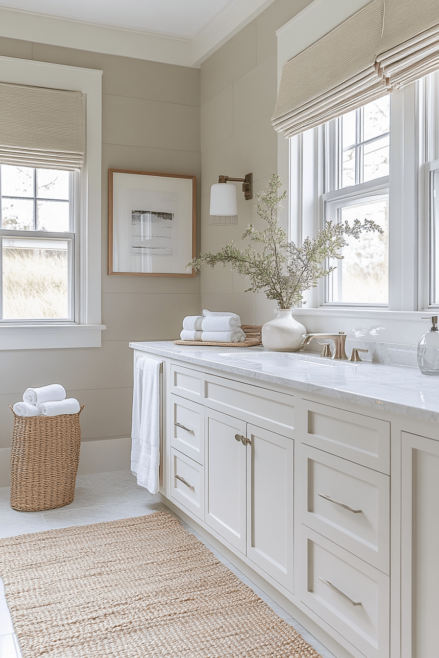 Minimal beachy bathroom with neutral colors, simple fixtures, and airy styling