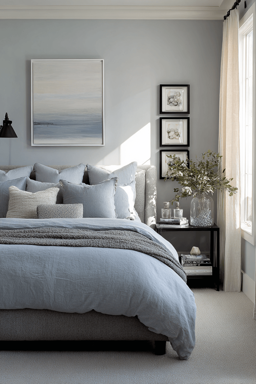 Modern stone-inspired bedroom with cool gray bedding, pebble decor, and soft blue tones