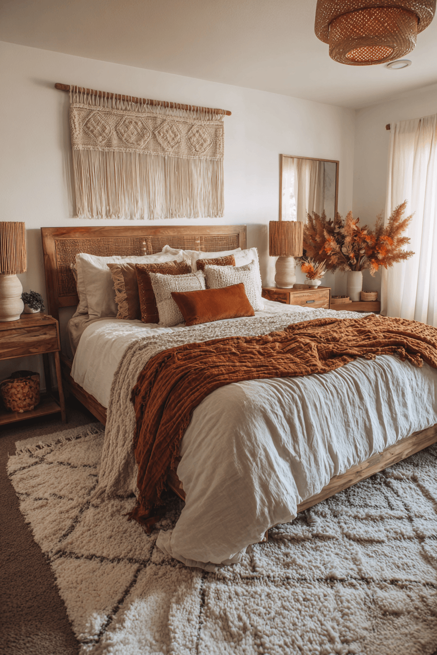 Warm boho bedroom with layered textures, patterned textiles, and rattan decor